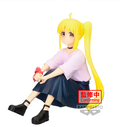 Nijika Ijichi Banpresto figure, seated with knees raised and red wrist scrunchie