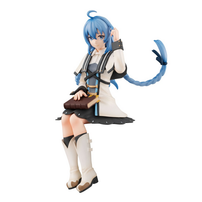 Roxy Migurdia original Noodle Stopper figure by FuRyu, seated with a book and white coat
