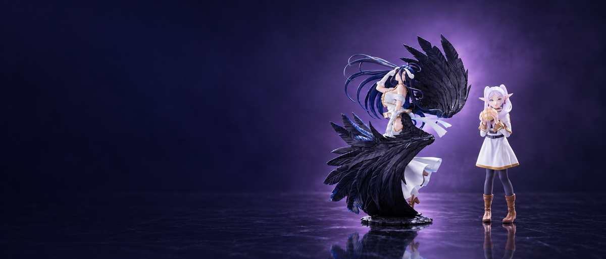 Albedo and Frieren collectible figures with crop-safe spacing on a dark navy and violet studio background