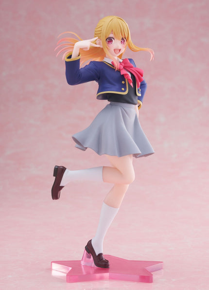 Front view of Ruby Hoshino Coreful Seifuku figure in an energetic bent-leg pose