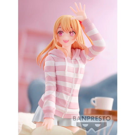 Three-quarter view of Ruby Hoshino Relax Time figure in striped loungewear and a gray skirt